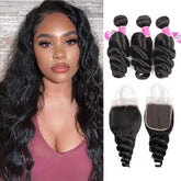 Meetu Hair Peruvian Loose Wave Virgin Human Hair Weave 3 Bundles with 4*4 Lace Closure - MeetuHair